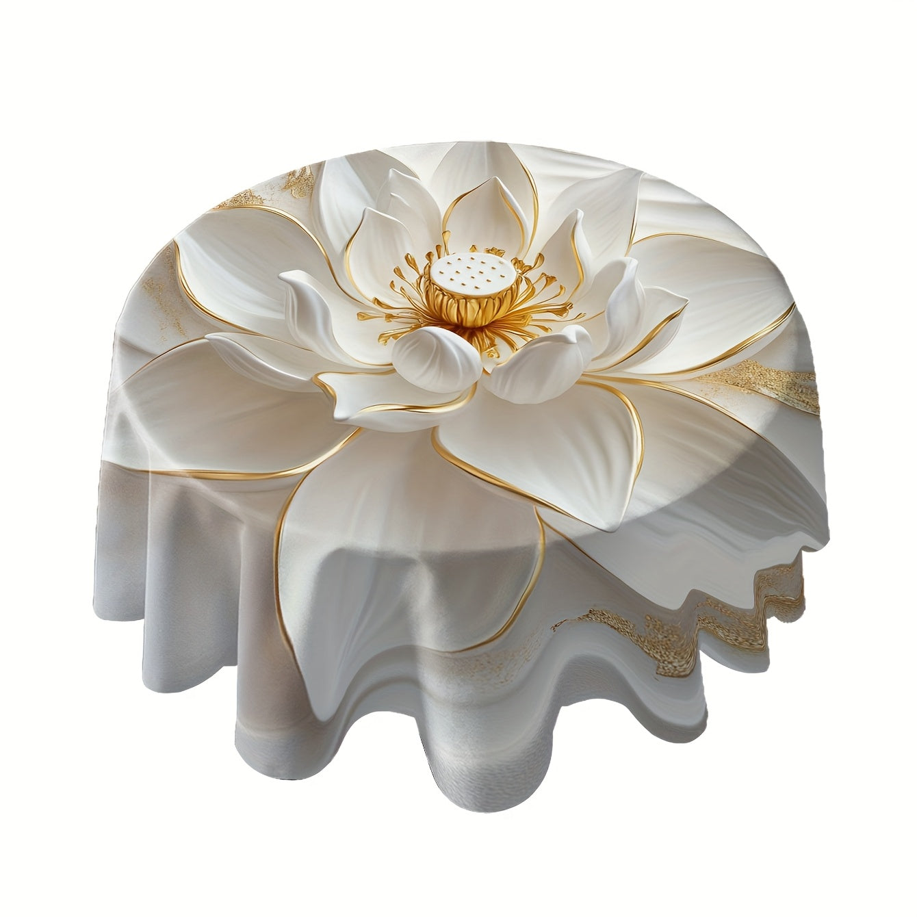 Nappe ronde élégante blanche et dorée avec motif lotus en relief 3D – 152,4 cm, en polyester, fabrication mécanique, nappe décorative pour la maison, la cuisine et la décoration extérieure . Mise de table élégante