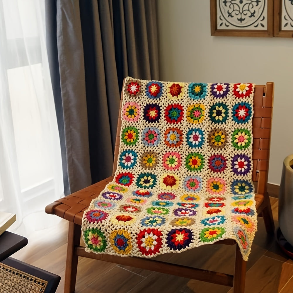 Plaid tricoté à la main motif floral – Jeté crocheté douillet avec design marguerite, parfait comme couverture de canapé ou de lit, confort toutes saisons