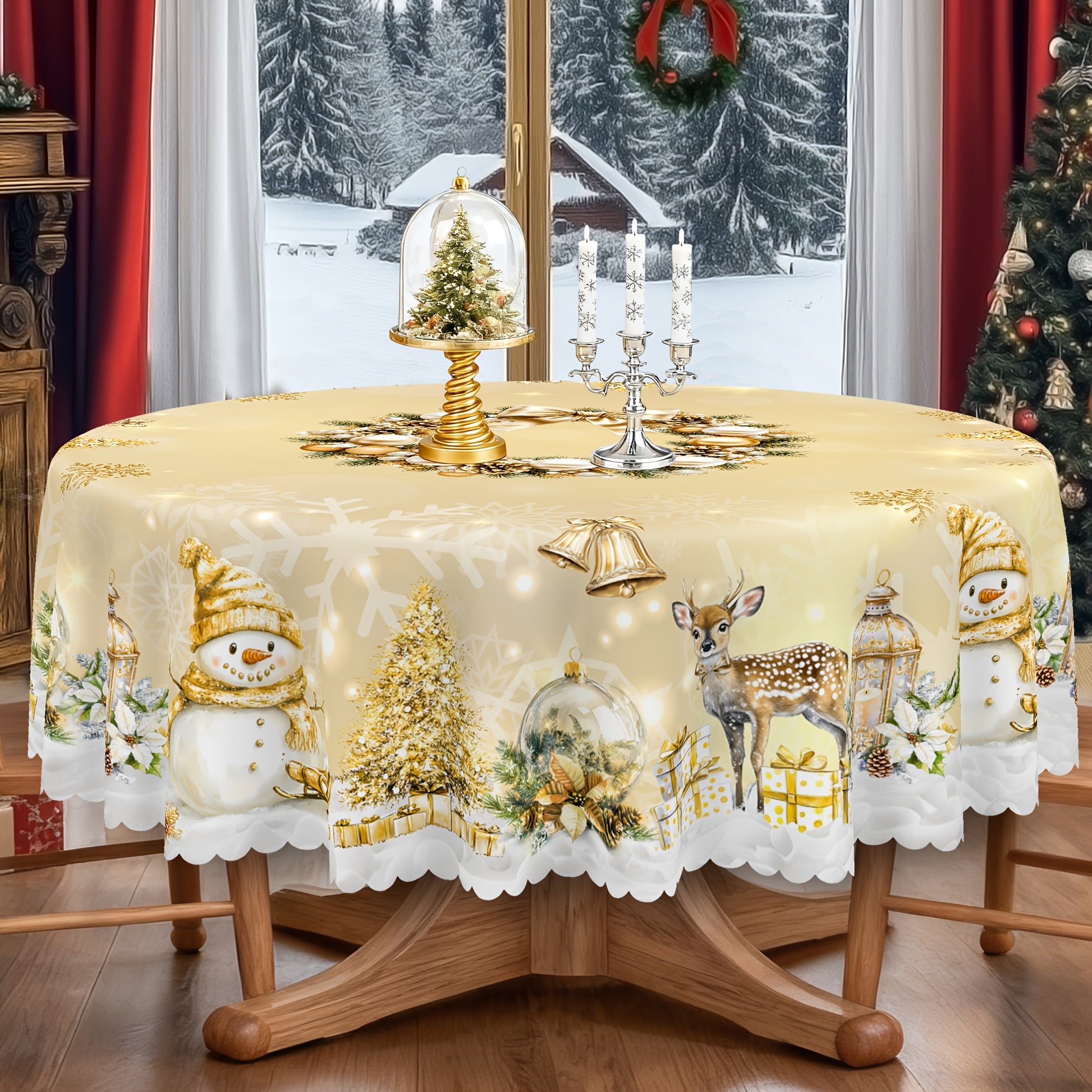 Nappe de Noël rustique en polyester, doré et blanc, motif vintage bonhomme de neige et renne