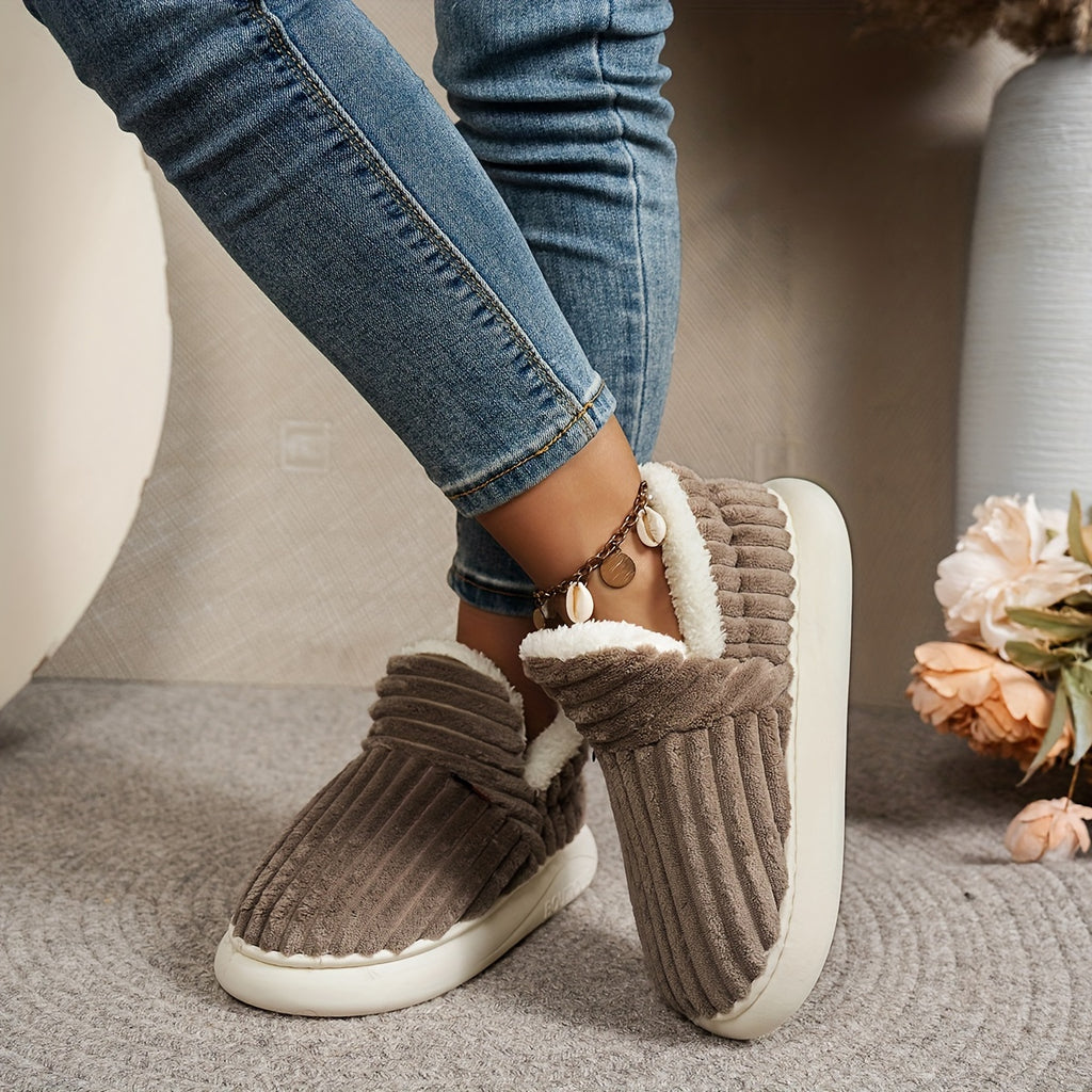 Pantoufles en polaire pour femme, couleur unie, confortables, antidérapantes, chaudes, en peluche, semelle épaisse pour intérieur/extérieur, bottines pour la maison, intérieure en tissu, semelle en TPR, lavables à la main.