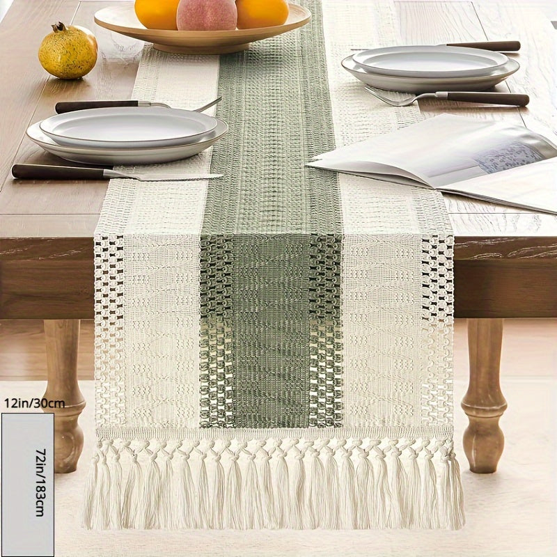 1pc chemin de table style macramé avec couture bicolore, couleur vert/Bleu, chemin de table bohème , décoration tissée de style ferme pour restaurant.