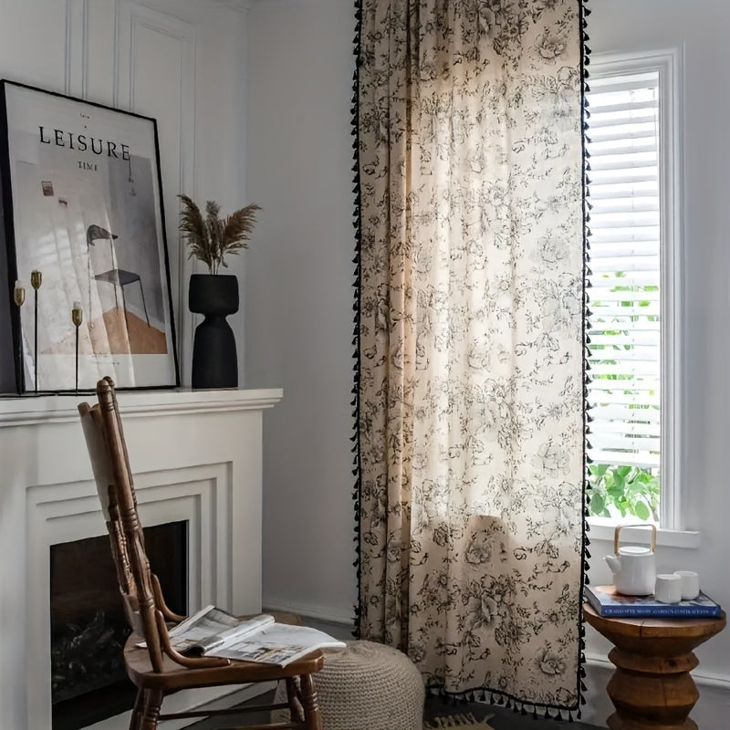 Panneau de Rideau à Poche pour Tringle de Style Victorien avec Imprimé Rose & Lin