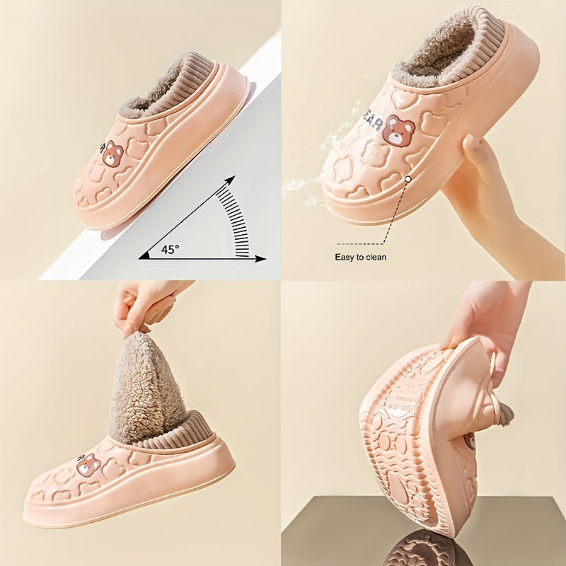 Pantoufles ours imperméables, chaussons à enfiler douillets et chauds avec doublure peluche, usage intérieur et extérieur pour l'hiver