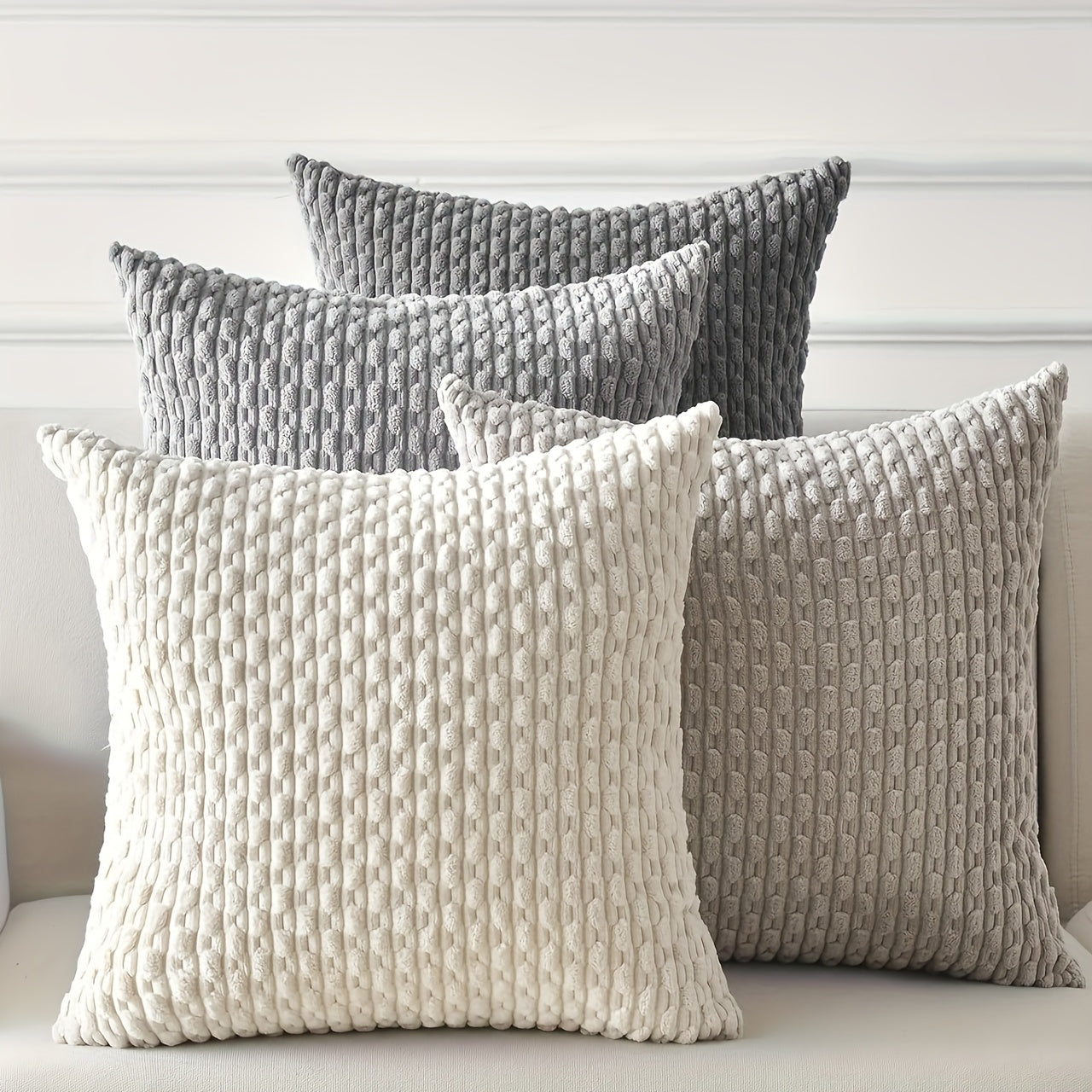 4 housses de coussin en peluche rayées – Style bohème chic et maison de campagne, doux polyester, fermeture éclair, lavables en machine – Idéales pour la décoration du canapé