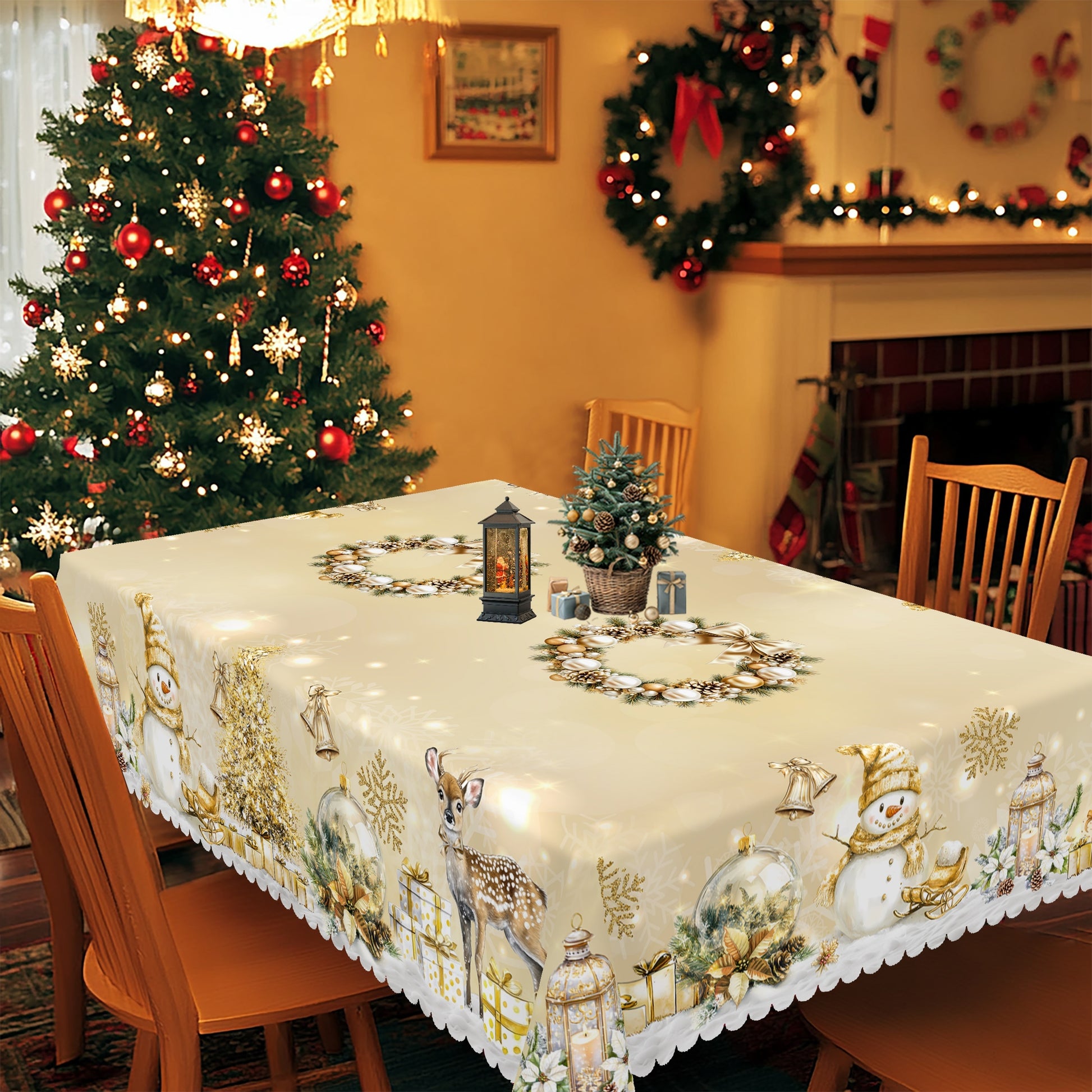 Nappe de Noël rustique en polyester, doré et blanc, motif vintage bonhomme de neige et renne