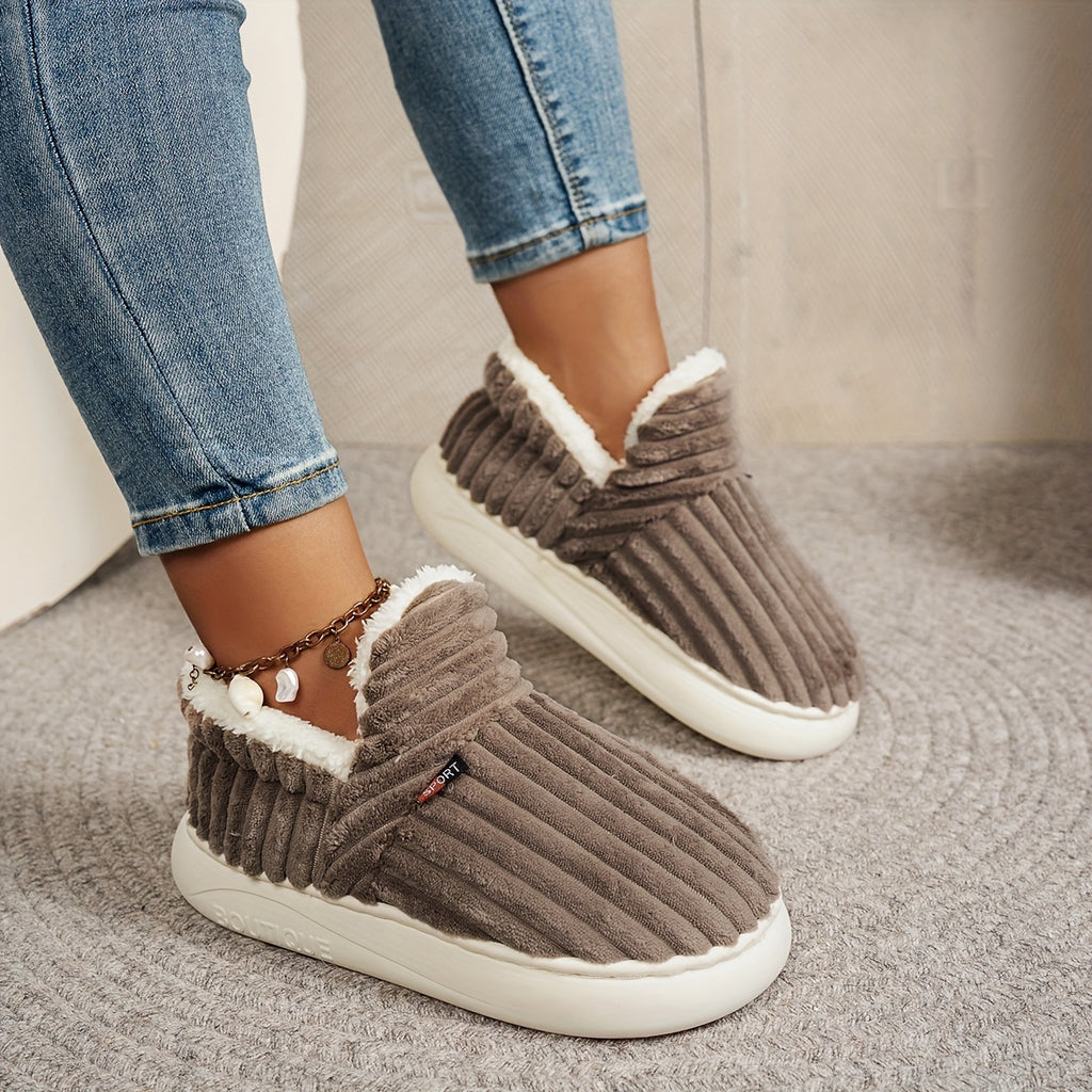 Pantoufles en polaire pour femme, couleur unie, confortables, antidérapantes, chaudes, en peluche, semelle épaisse pour intérieur/extérieur, bottines pour la maison, intérieure en tissu, semelle en TPR, lavables à la main.