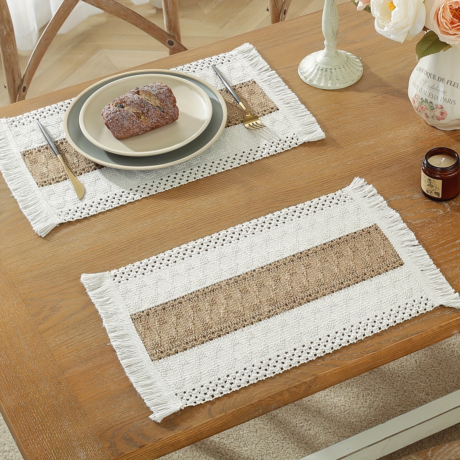 Chemin de table à pampilles style bohème, 1 pièce en coton et lin tissé à rayures, longue bande en fil de jute pour décoration de table de salle à manger, idéale pour mariage, fournitures de fête et décoration de vacances