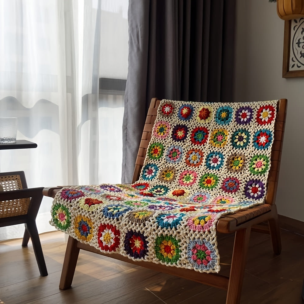 Plaid tricoté à la main motif floral – Jeté crocheté douillet avec design marguerite, parfait comme couverture de canapé ou de lit, confort toutes saisons