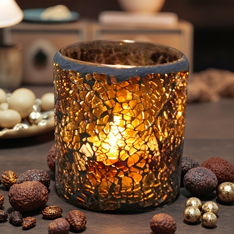 Photophore Élégant en Verre Ambré, Design Mosaïque sur Pied – Idéal pour une Déco Romantique, Dîners aux Chandelles et Cadeaux Festifs