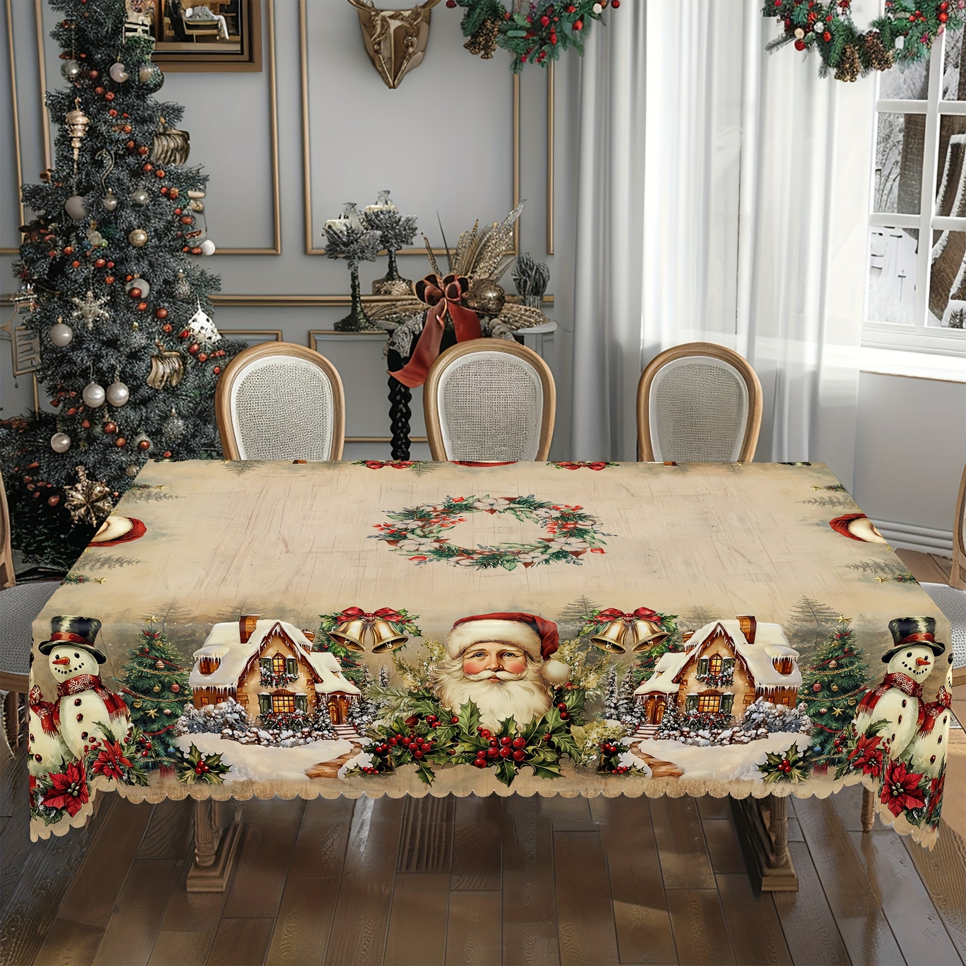 Nappe en polyester, motif bois rétro, thème Noël avec Père Noël et fleurs