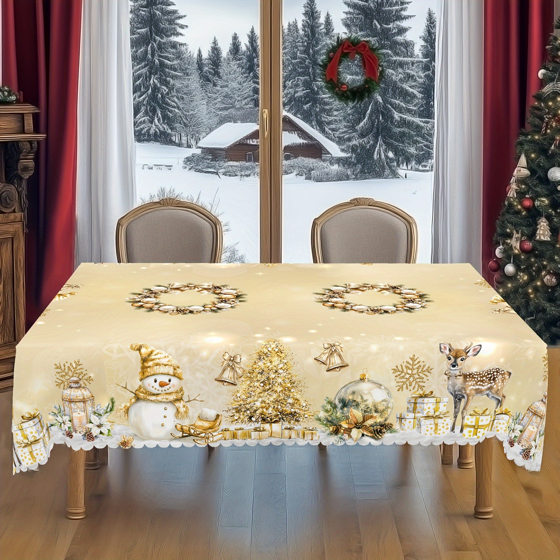 Nappe de Noël rustique en polyester, doré et blanc, motif vintage bonhomme de neige et renne