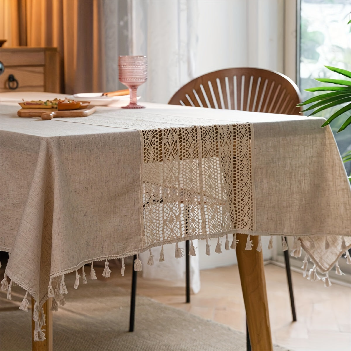 Nappe en lin, nappe bohème purement faite à la main au crochet, nappe rétro en chanvre à empiècement ajouré beige avec franges, adaptée pour table de Noël, pique-nique, décoration anti-poussière, décoration de pièce.