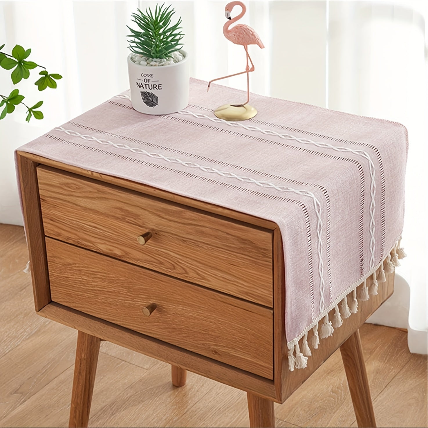 Chemin de table à pompons bohème - motif rayé, napperon rectangulaire pour commode en 100% polyester, décoration tissée pour table de chevet, buffet et protection anti-poussière pour meubles