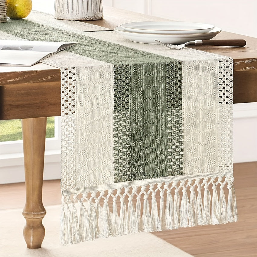 1pc chemin de table style macramé avec couture bicolore, couleur vert/Bleu, chemin de table bohème , décoration tissée de style ferme pour restaurant.