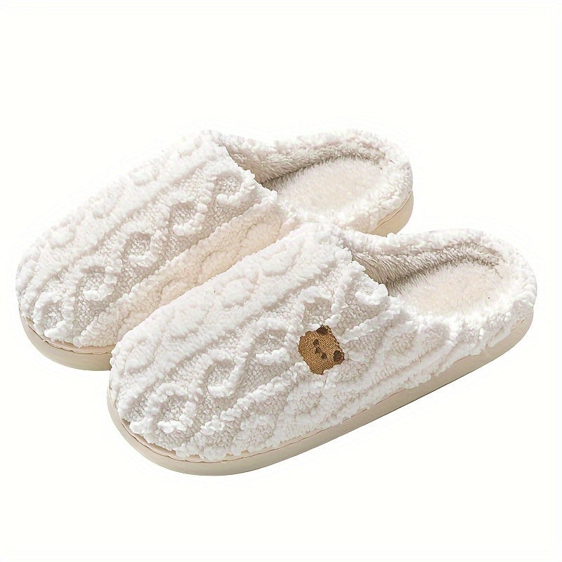 Pantoufles à imprimé ours rayé confortables, chaussures d'intérieur décontractées toutes saisons pour l'hiver, à enfiler, avec dessus et intérieur en tissu doux et semelle en TPR, chaleur et confort pour couples.