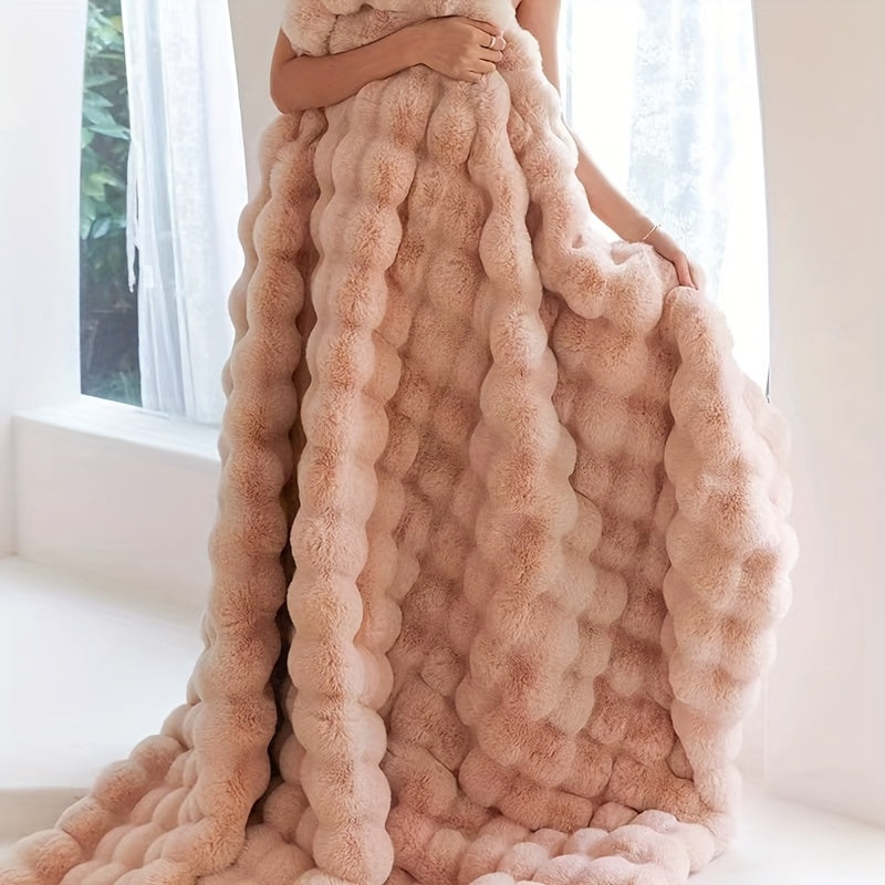 Couverture en peluche ultra-douce – épaisse, réversible en polaire à bulles pour voyage, canapé, lit et décoration intérieure – lavable en machine, confort toutes saisons, en blanc