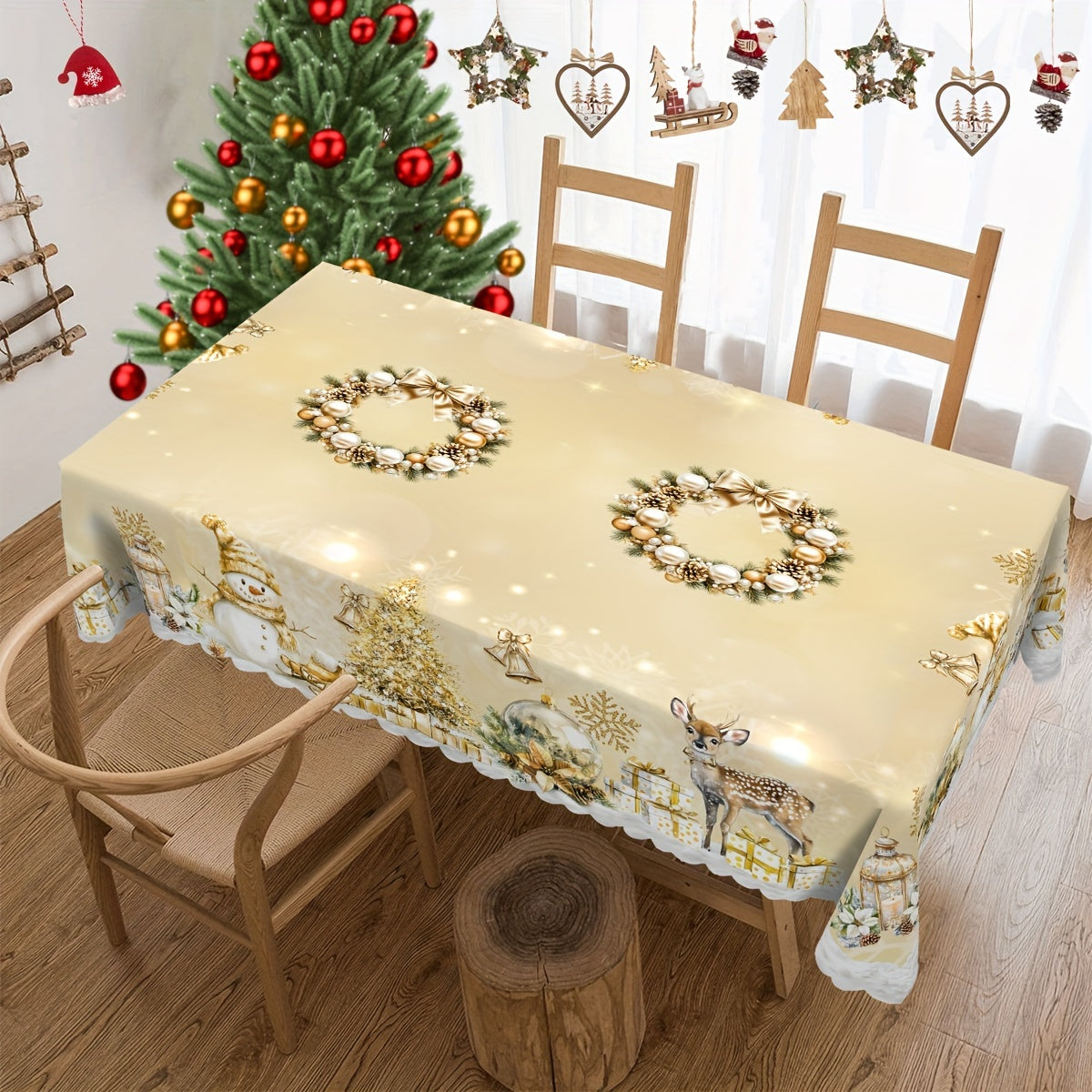 Nappe de Noël rustique en polyester, doré et blanc, motif vintage bonhomme de neige et renne